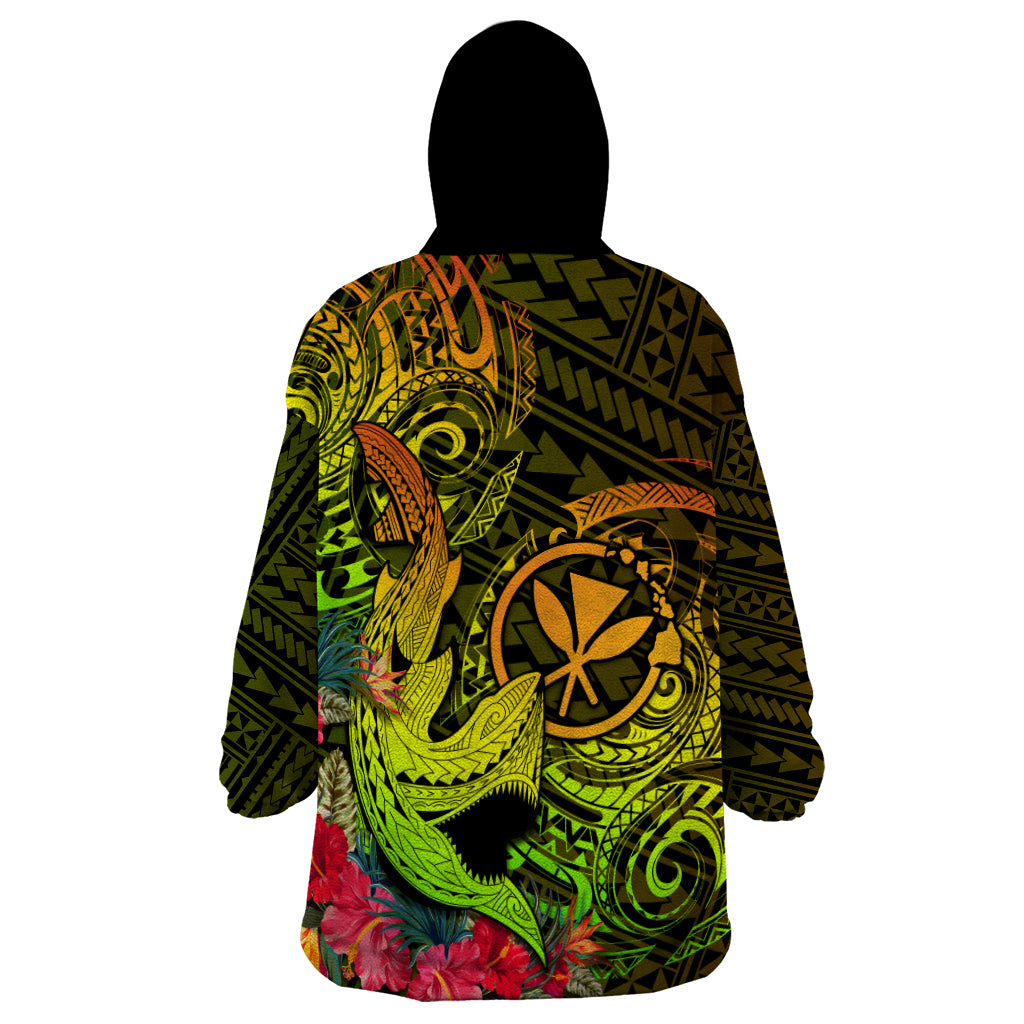 Hawaii Wearable Blanket Hoodie Kanaka Map With Polynesian Shark Tattoo Reggae Unique - Wonder Print Shop
