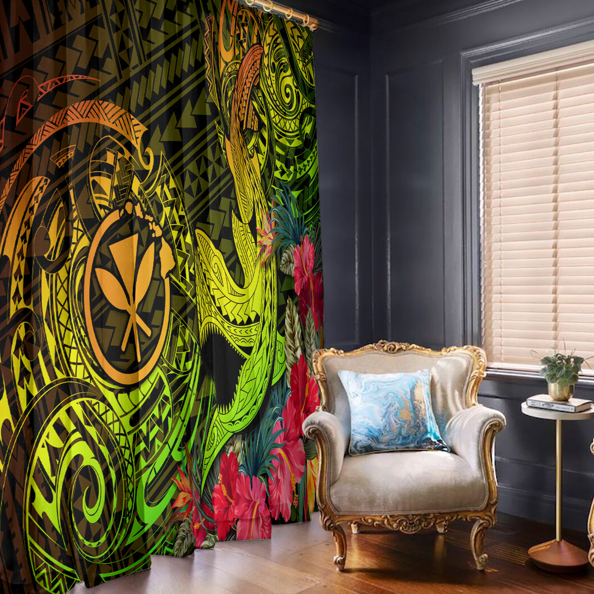 Hawaii Window Curtain Kanaka Map With Polynesian Shark Tattoo Reggae Unique - Wonder Print Shop
