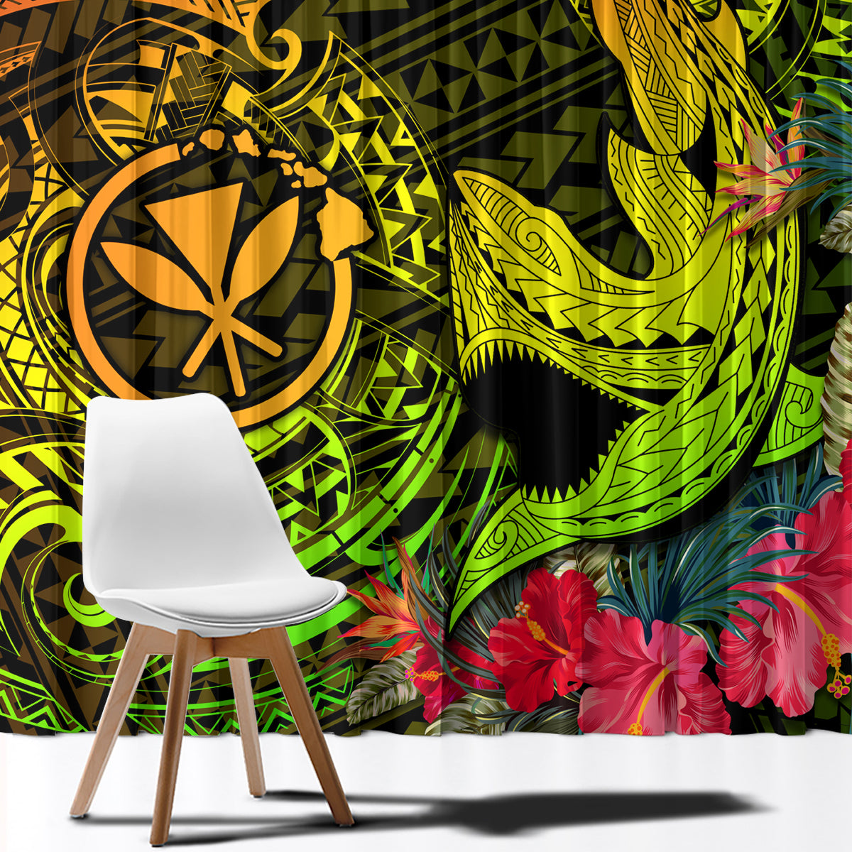 Hawaii Window Curtain Kanaka Map With Polynesian Shark Tattoo Reggae Unique - Wonder Print Shop