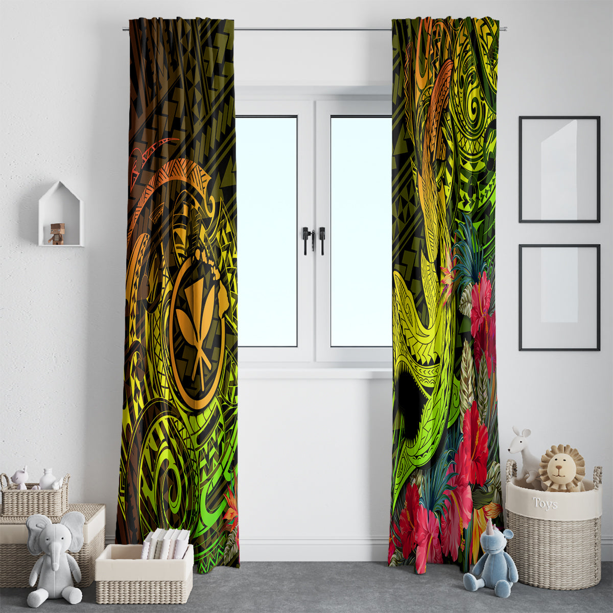 Hawaii Window Curtain Kanaka Map With Polynesian Shark Tattoo Reggae Unique - Wonder Print Shop