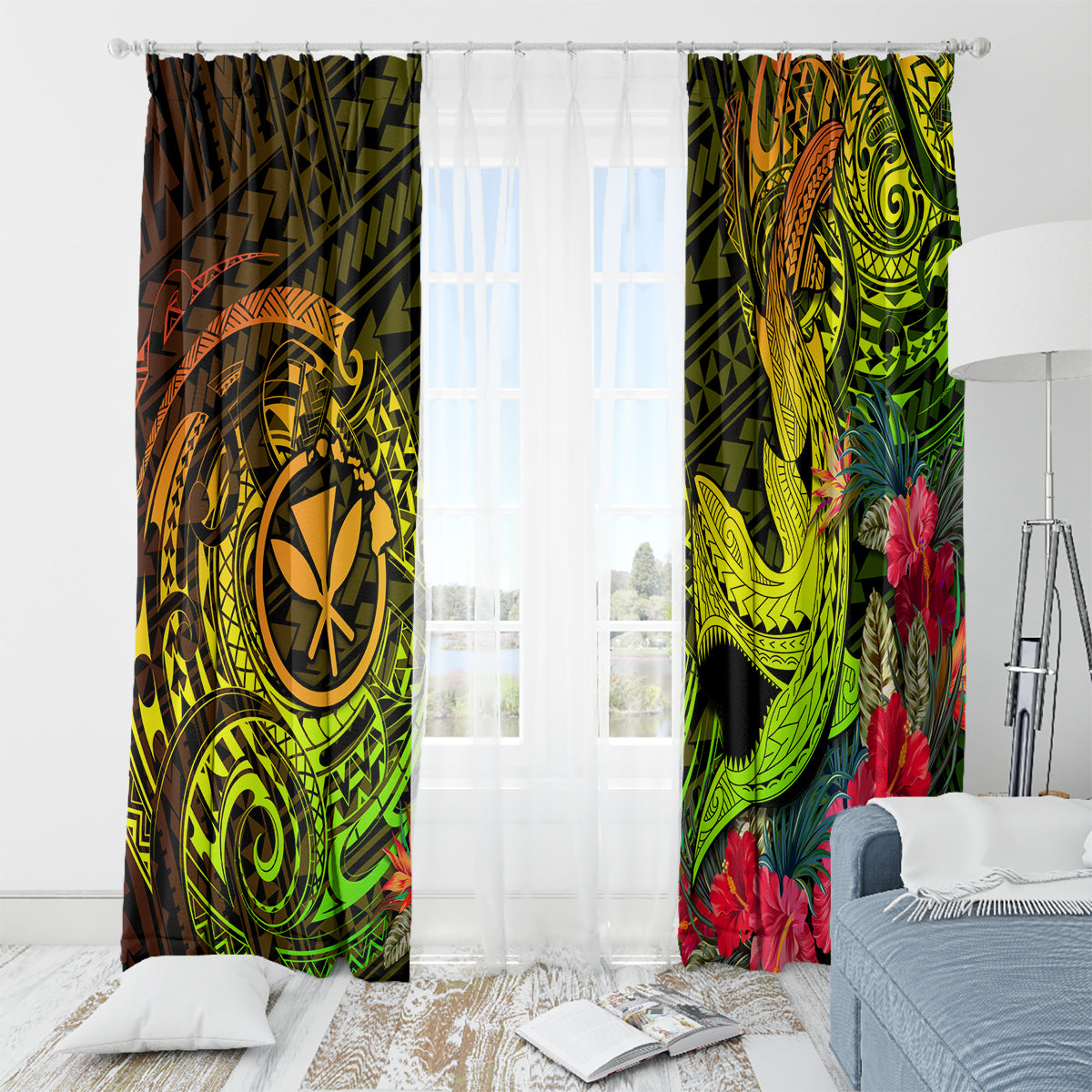 Hawaii Window Curtain Kanaka Map With Polynesian Shark Tattoo Reggae Unique - Wonder Print Shop
