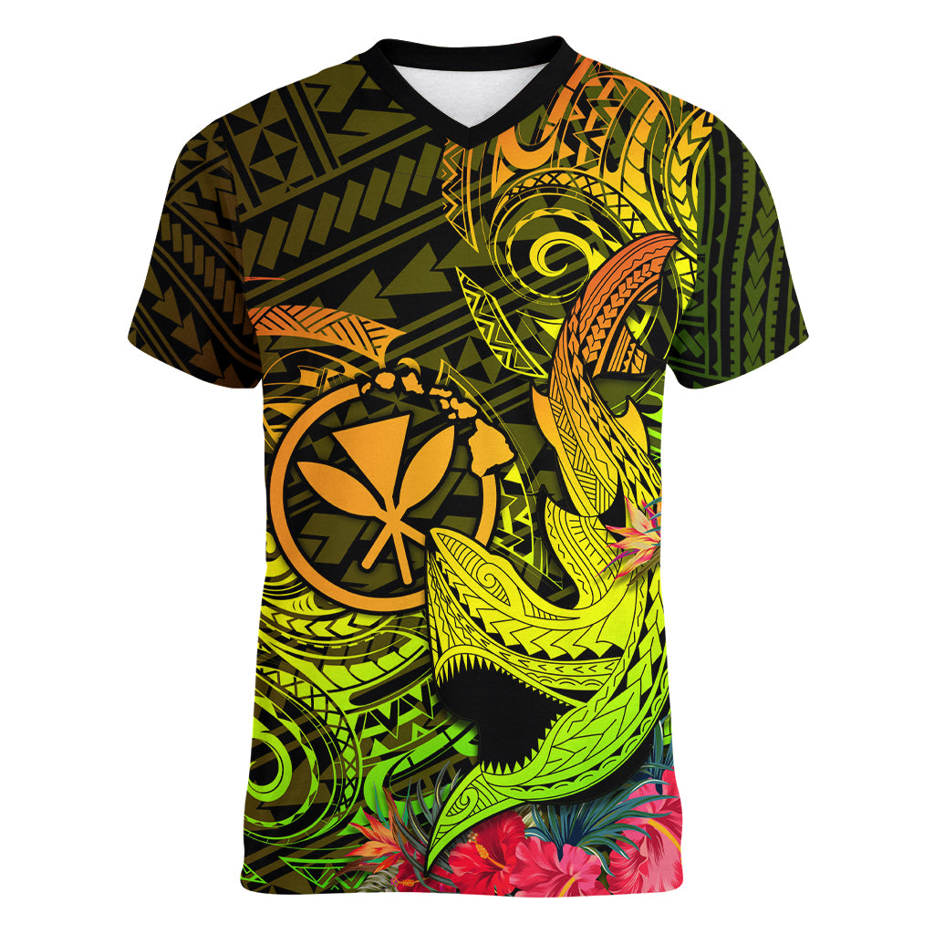 Hawaii Women V Neck T Shirt Kanaka Map With Polynesian Shark Tattoo Reggae Unique - Wonder Print Shop