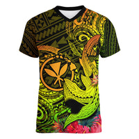 Hawaii Women V Neck T Shirt Kanaka Map With Polynesian Shark Tattoo Reggae Unique - Wonder Print Shop