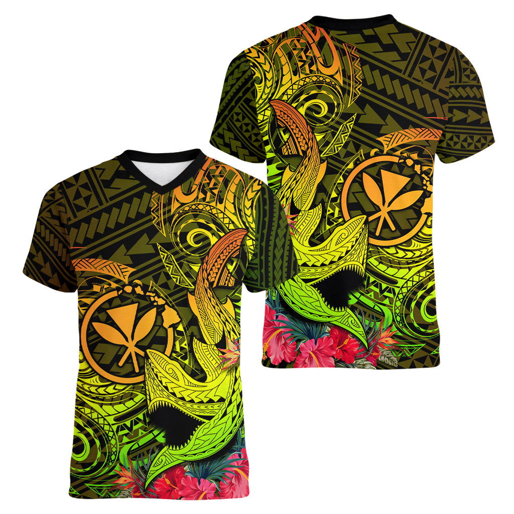 Hawaii Women V Neck T Shirt Kanaka Map With Polynesian Shark Tattoo Reggae Unique - Wonder Print Shop