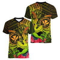 Hawaii Women V Neck T Shirt Kanaka Map With Polynesian Shark Tattoo Reggae Unique - Wonder Print Shop