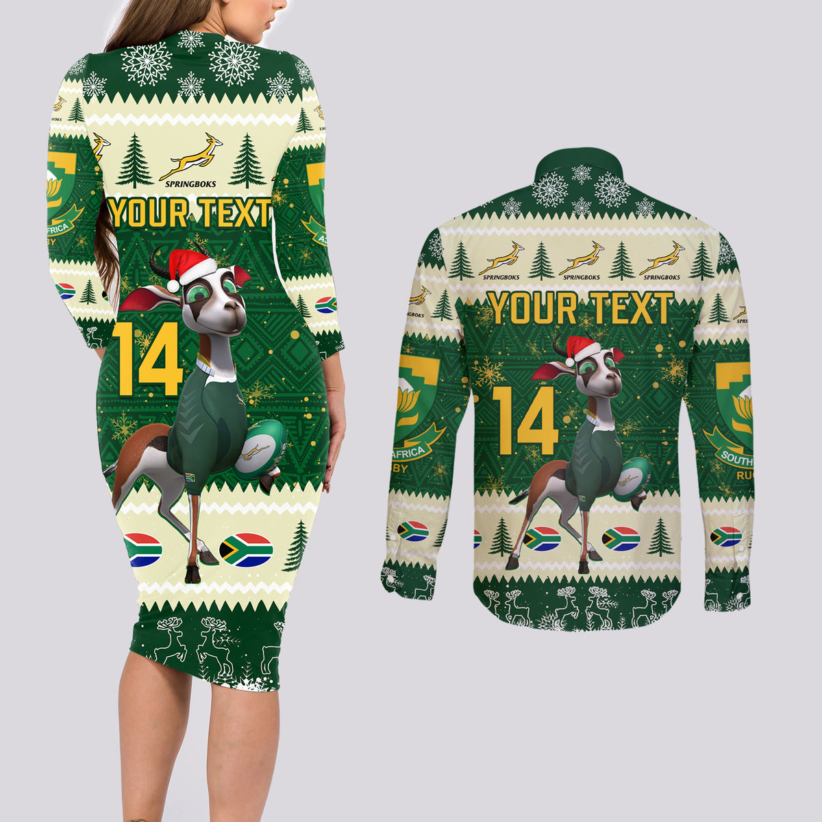 Custom South Africa Rugby Christmas Couples Matching Long Sleeve Bodycon Dress and Long Sleeve Button Shirt Geseende Kersfees Springboks African Pattern - Wonder Print Shop