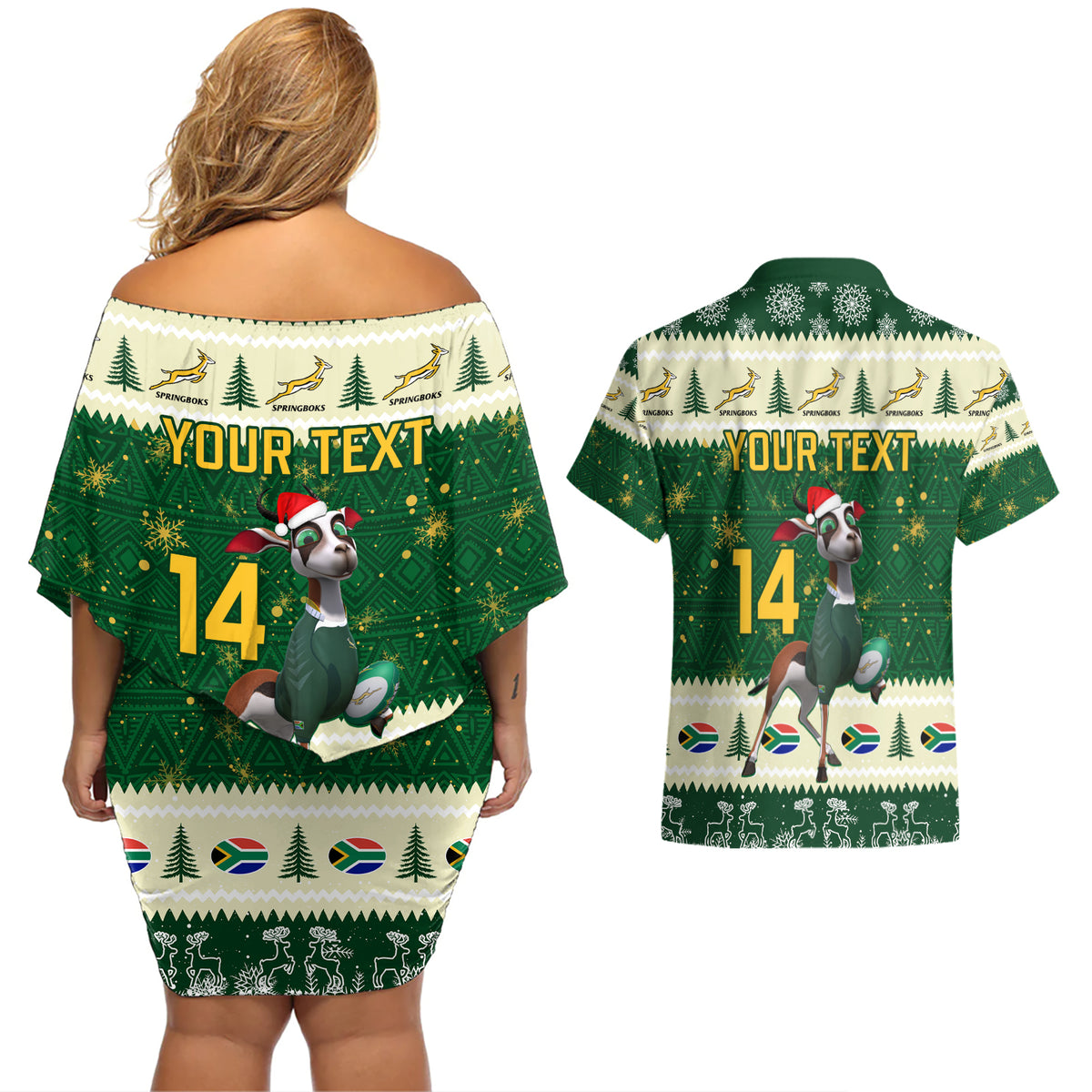 Custom South Africa Rugby Christmas Couples Matching Off Shoulder Short Dress and Hawaiian Shirt Geseende Kersfees Springboks African Pattern - Wonder Print Shop