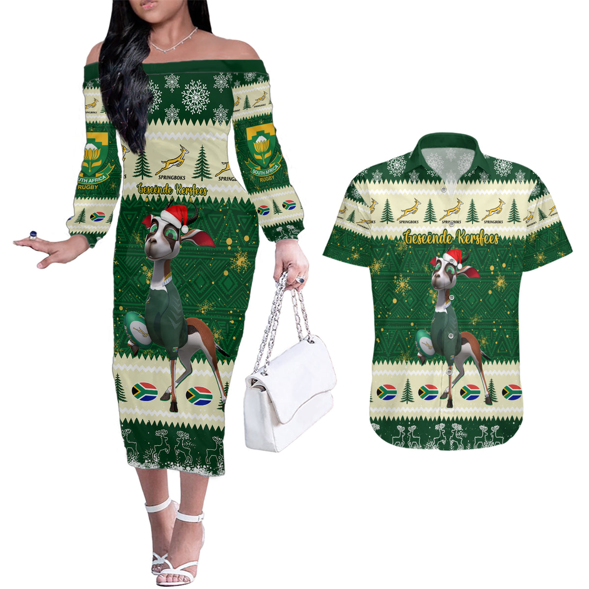 Custom South Africa Rugby Christmas Couples Matching Off The Shoulder Long Sleeve Dress and Hawaiian Shirt Geseende Kersfees Springboks African Pattern - Wonder Print Shop