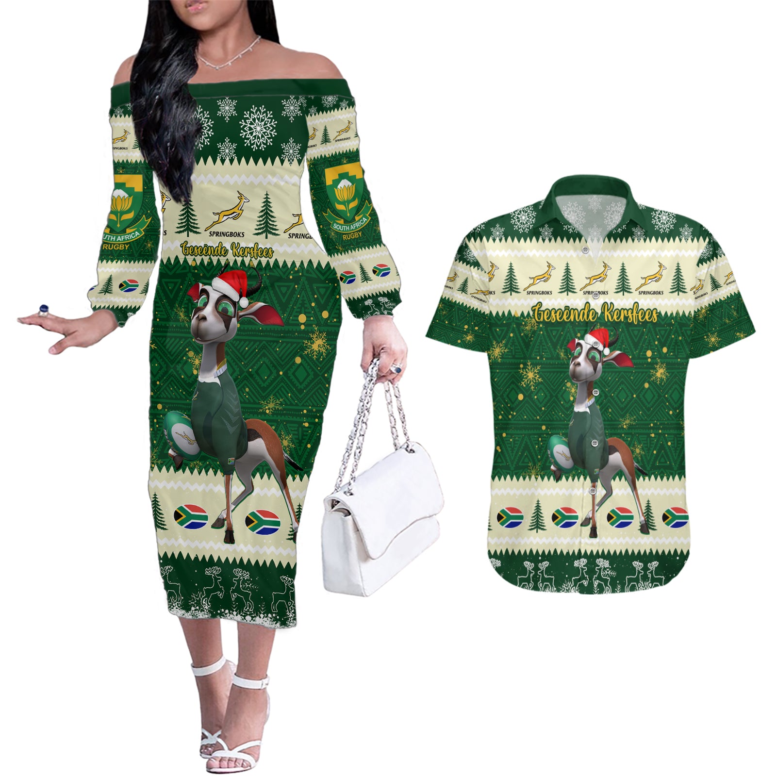 Custom South Africa Rugby Christmas Couples Matching Off The Shoulder Long Sleeve Dress and Hawaiian Shirt Geseende Kersfees Springboks African Pattern - Wonder Print Shop