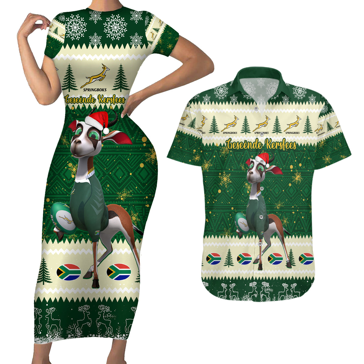 Custom South Africa Rugby Christmas Couples Matching Short Sleeve Bodycon Dress and Hawaiian Shirt Geseende Kersfees Springboks African Pattern - Wonder Print Shop