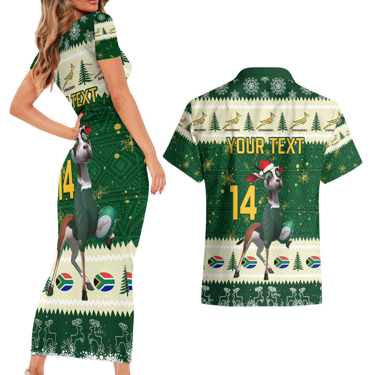 Custom South Africa Rugby Christmas Couples Matching Short Sleeve Bodycon Dress and Hawaiian Shirt Geseende Kersfees Springboks African Pattern - Wonder Print Shop