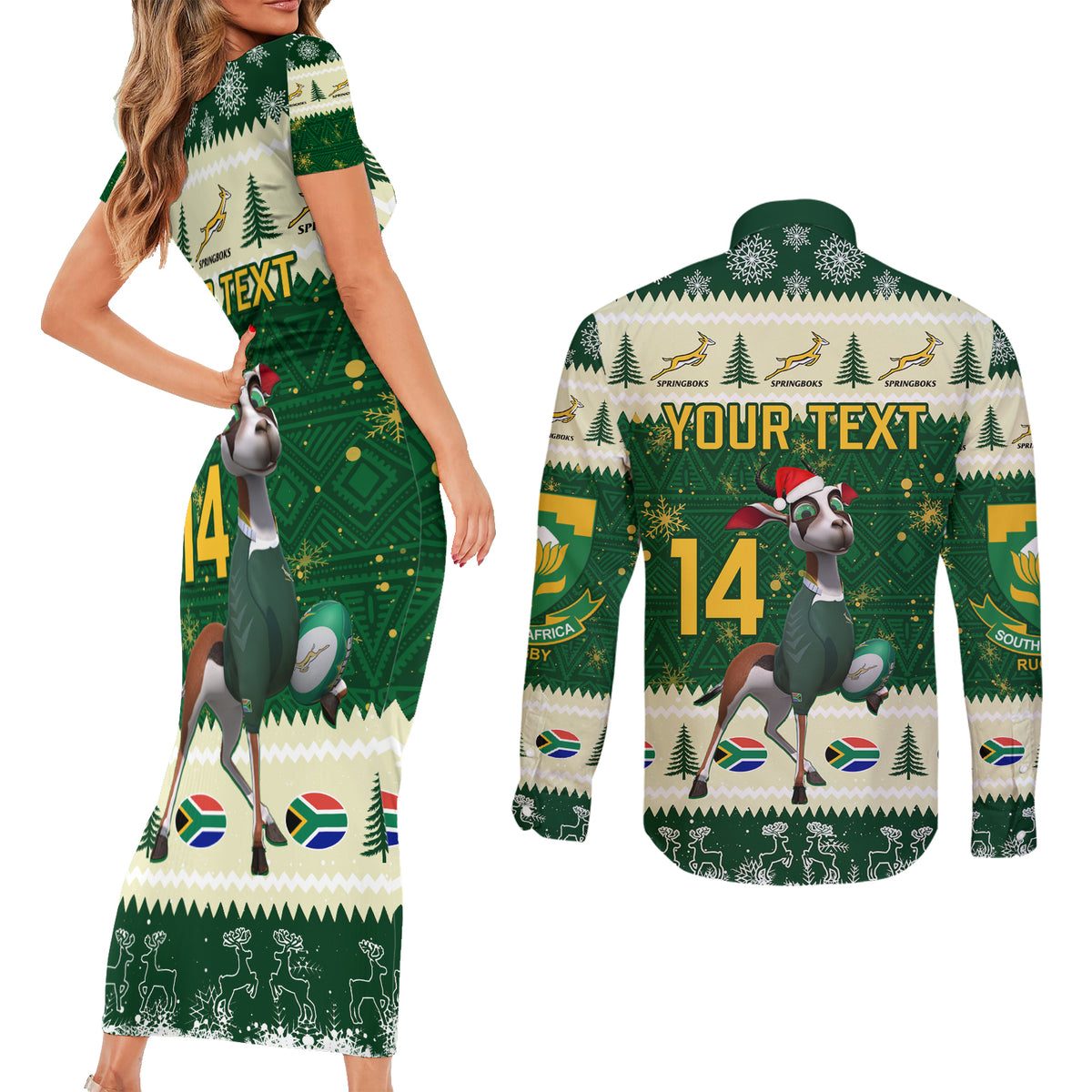 Custom South Africa Rugby Christmas Couples Matching Short Sleeve Bodycon Dress and Long Sleeve Button Shirt Geseende Kersfees Springboks African Pattern - Wonder Print Shop