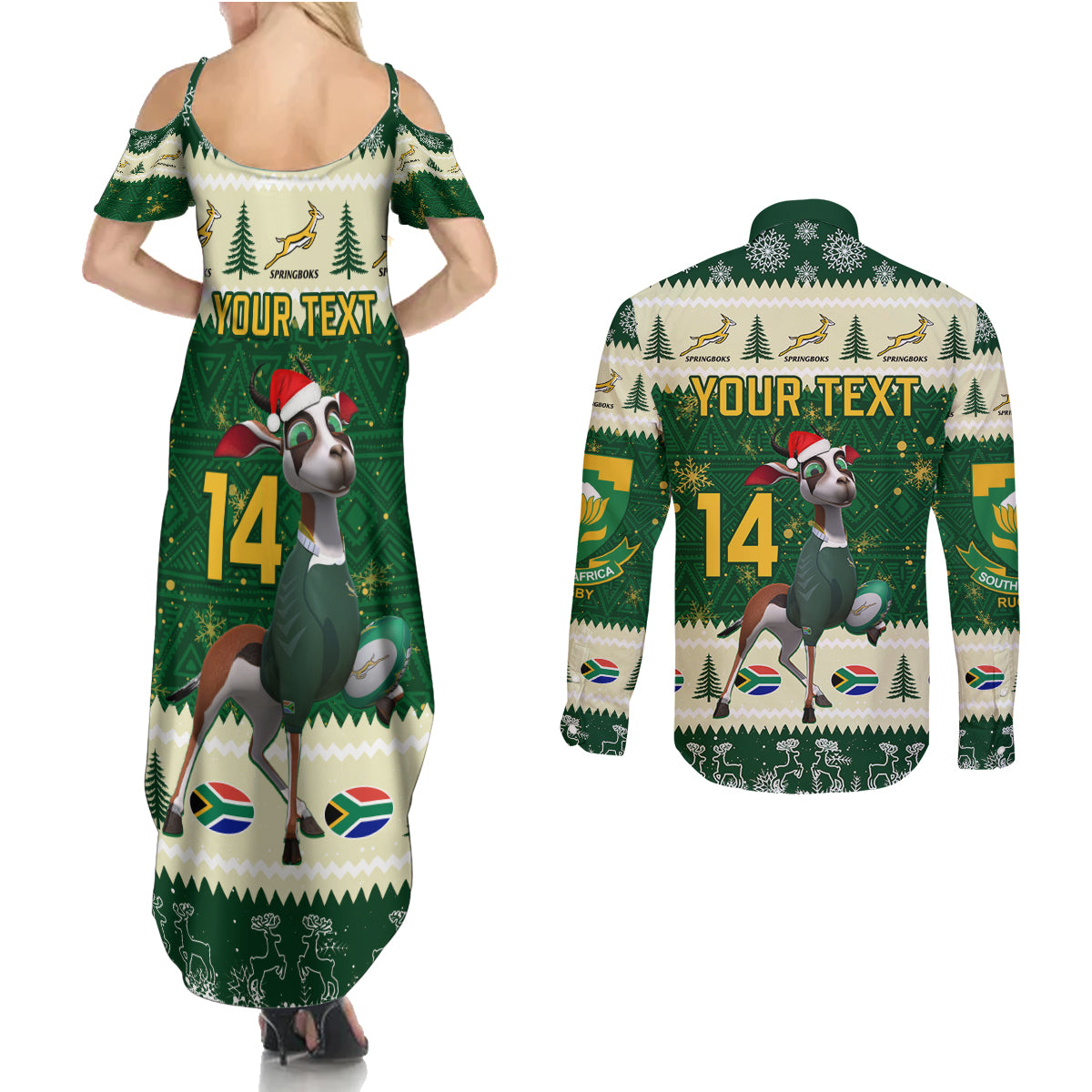 Custom South Africa Rugby Christmas Couples Matching Summer Maxi Dress and Long Sleeve Button Shirt Geseende Kersfees Springboks African Pattern - Wonder Print Shop
