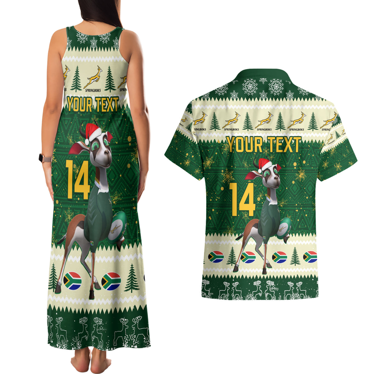 Custom South Africa Rugby Christmas Couples Matching Tank Maxi Dress and Hawaiian Shirt Geseende Kersfees Springboks African Pattern - Wonder Print Shop