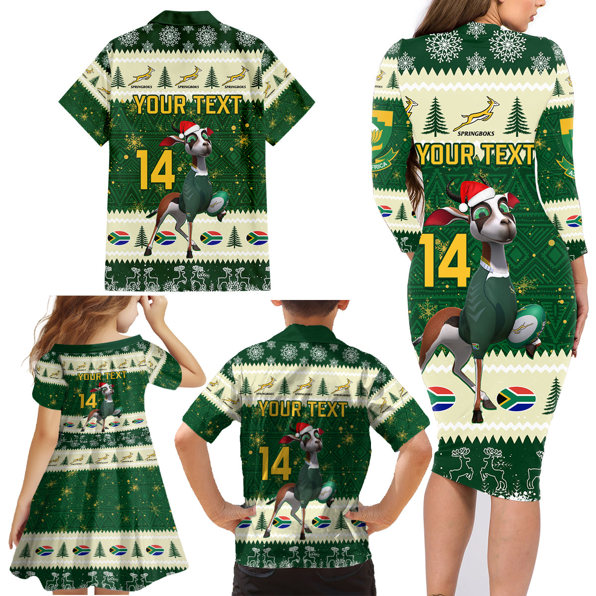 Custom South Africa Rugby Christmas Family Matching Long Sleeve Bodycon Dress and Hawaiian Shirt Geseende Kersfees Springboks African Pattern - Wonder Print Shop