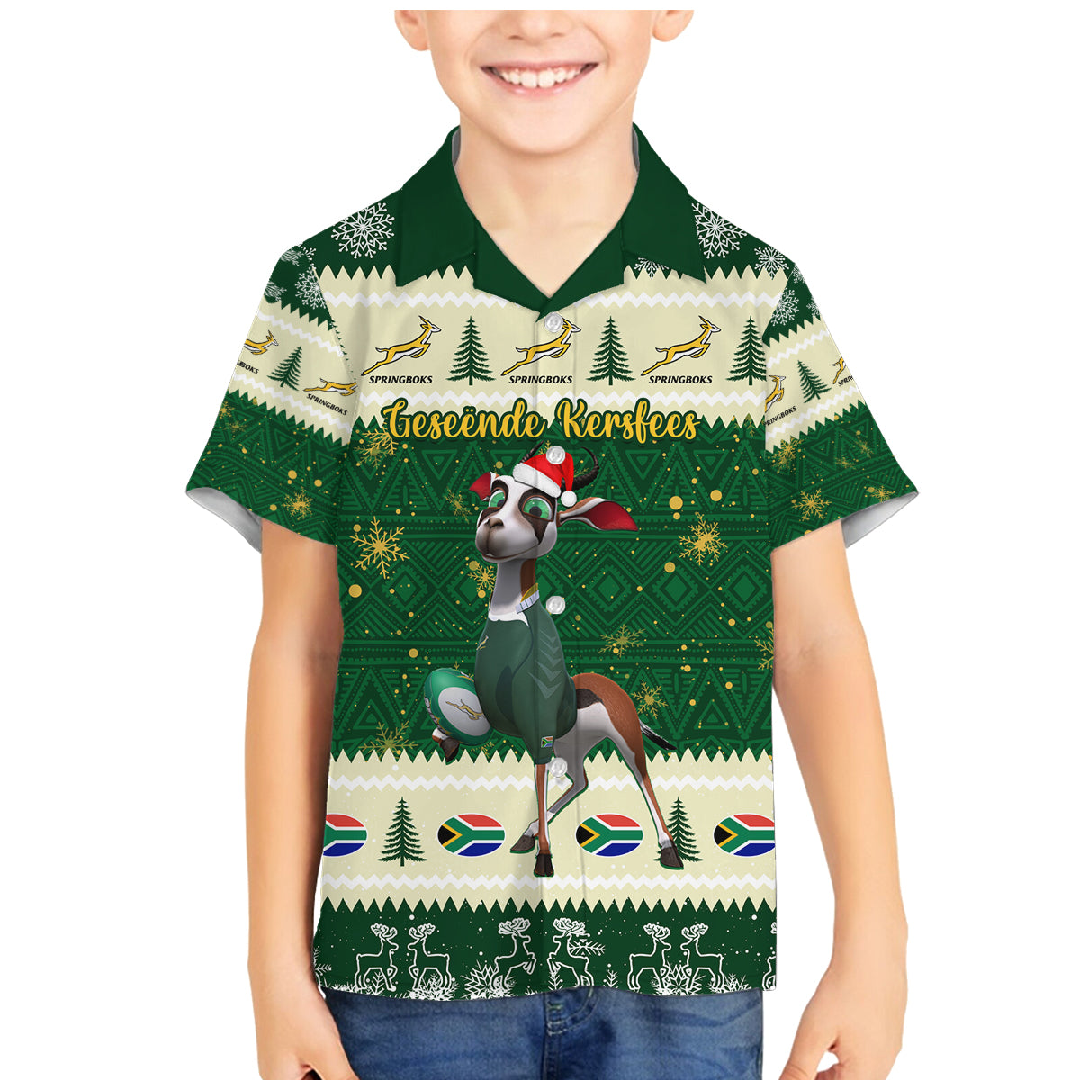 Custom South Africa Rugby Christmas Family Matching Mermaid Dress and Hawaiian Shirt Geseende Kersfees Springboks African Pattern - Wonder Print Shop