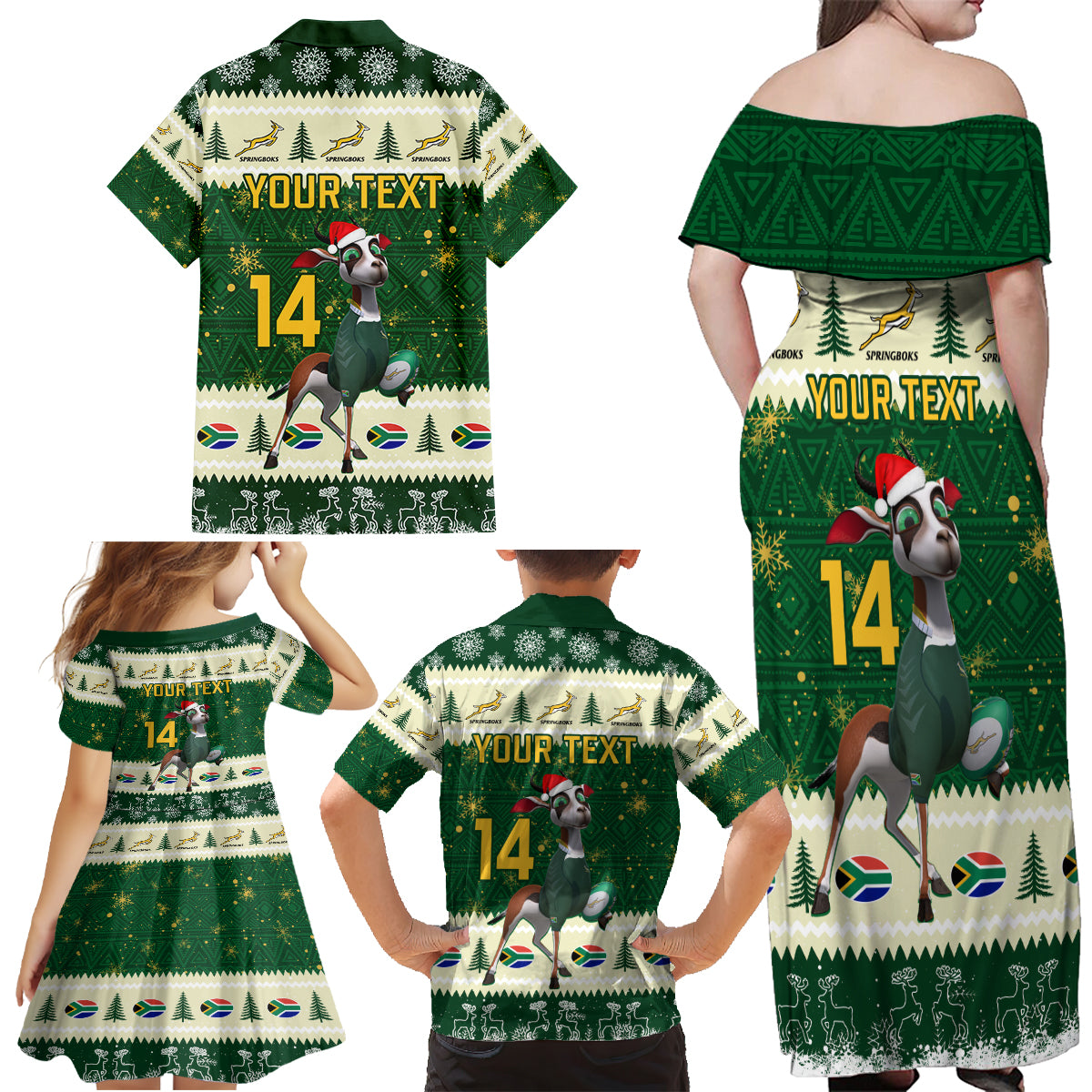 Custom South Africa Rugby Christmas Family Matching Off Shoulder Maxi Dress and Hawaiian Shirt Geseende Kersfees Springboks African Pattern - Wonder Print Shop
