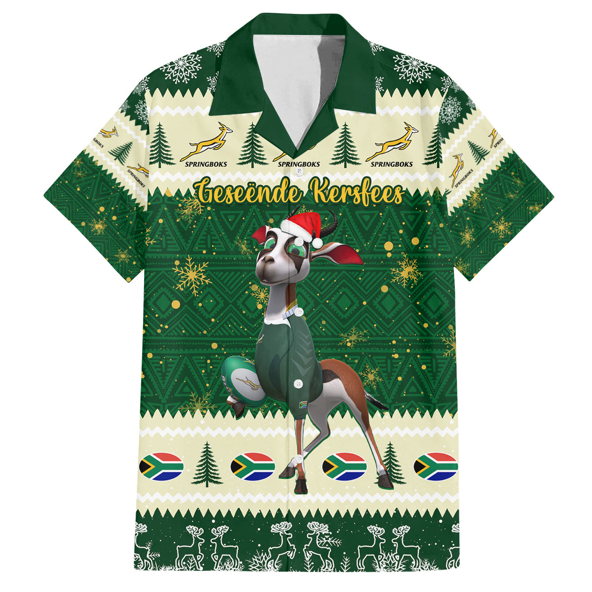 Custom South Africa Rugby Christmas Family Matching Off Shoulder Short Dress and Hawaiian Shirt Geseende Kersfees Springboks African Pattern - Wonder Print Shop