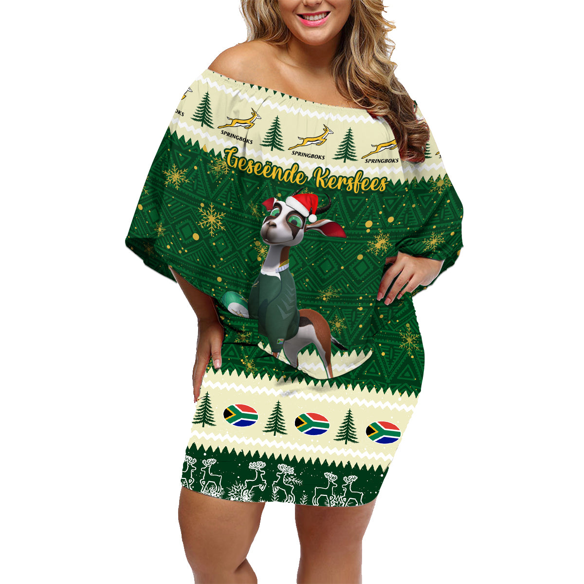 Custom South Africa Rugby Christmas Family Matching Off Shoulder Short Dress and Hawaiian Shirt Geseende Kersfees Springboks African Pattern - Wonder Print Shop