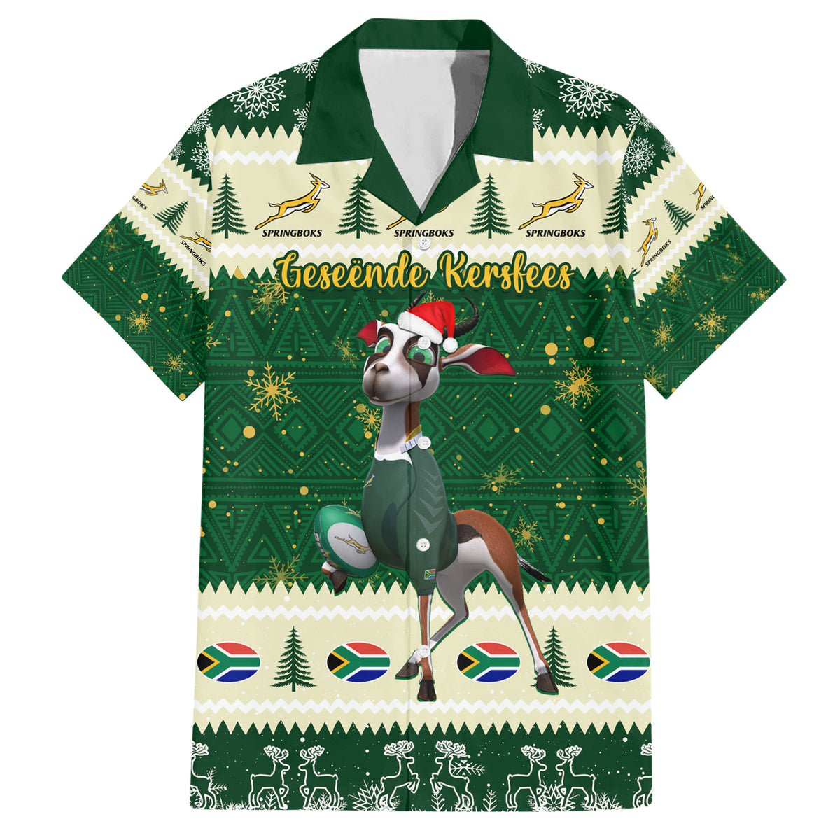 Custom South Africa Rugby Christmas Family Matching Short Sleeve Bodycon Dress and Hawaiian Shirt Geseende Kersfees Springboks African Pattern - Wonder Print Shop