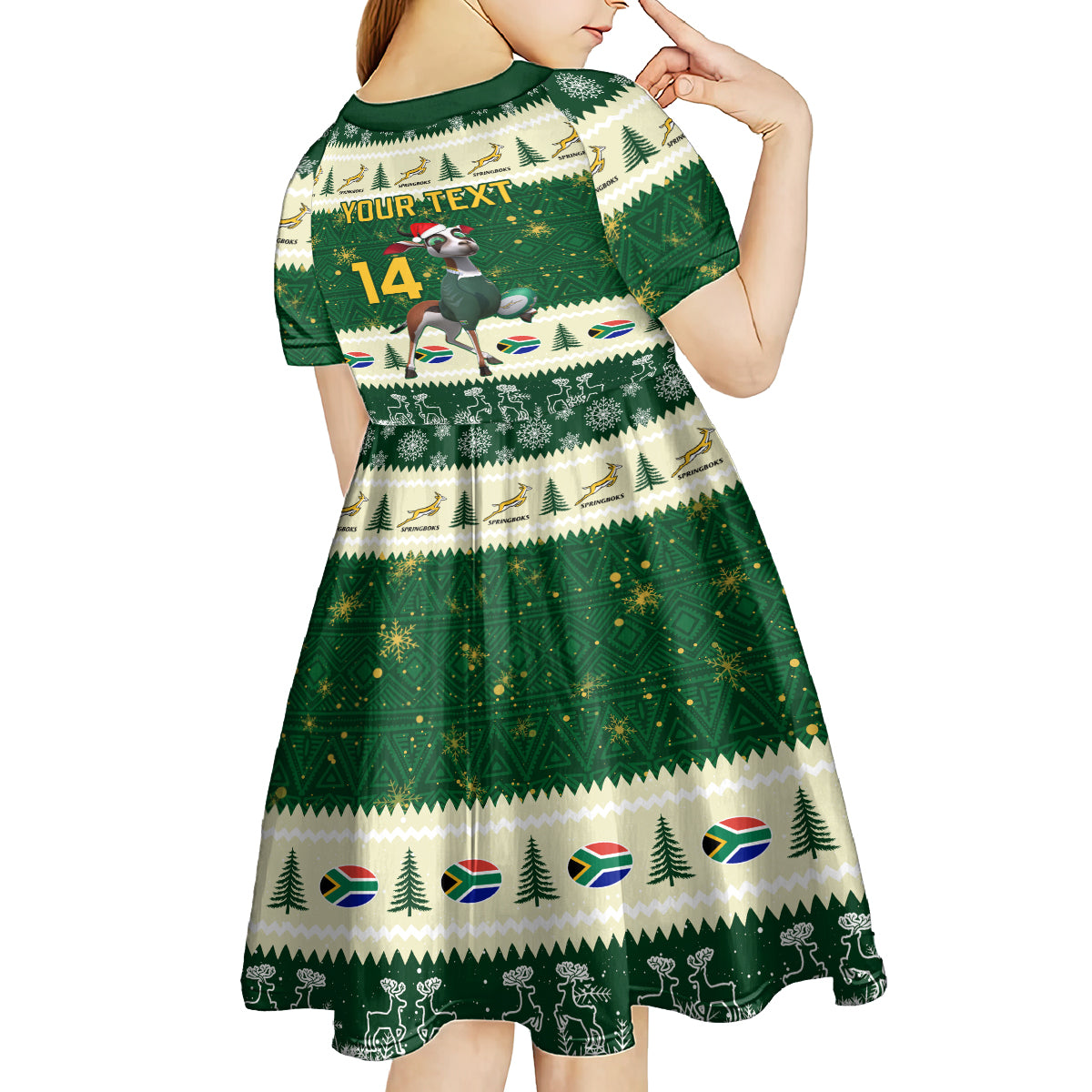 Custom South Africa Rugby Christmas Kid Short Sleeve Dress Geseende Kersfees Springboks African Pattern - Wonder Print Shop