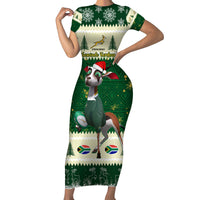 Custom South Africa Rugby Christmas Short Sleeve Bodycon Dress Geseende Kersfees Springboks African Pattern - Wonder Print Shop