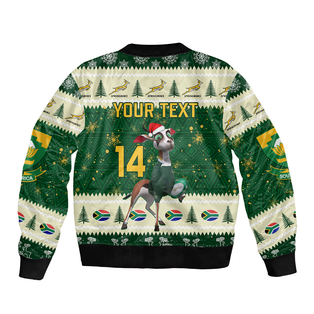Custom South Africa Rugby Christmas Sleeve Zip Bomber Jacket Geseende Kersfees Springboks African Pattern - Wonder Print Shop