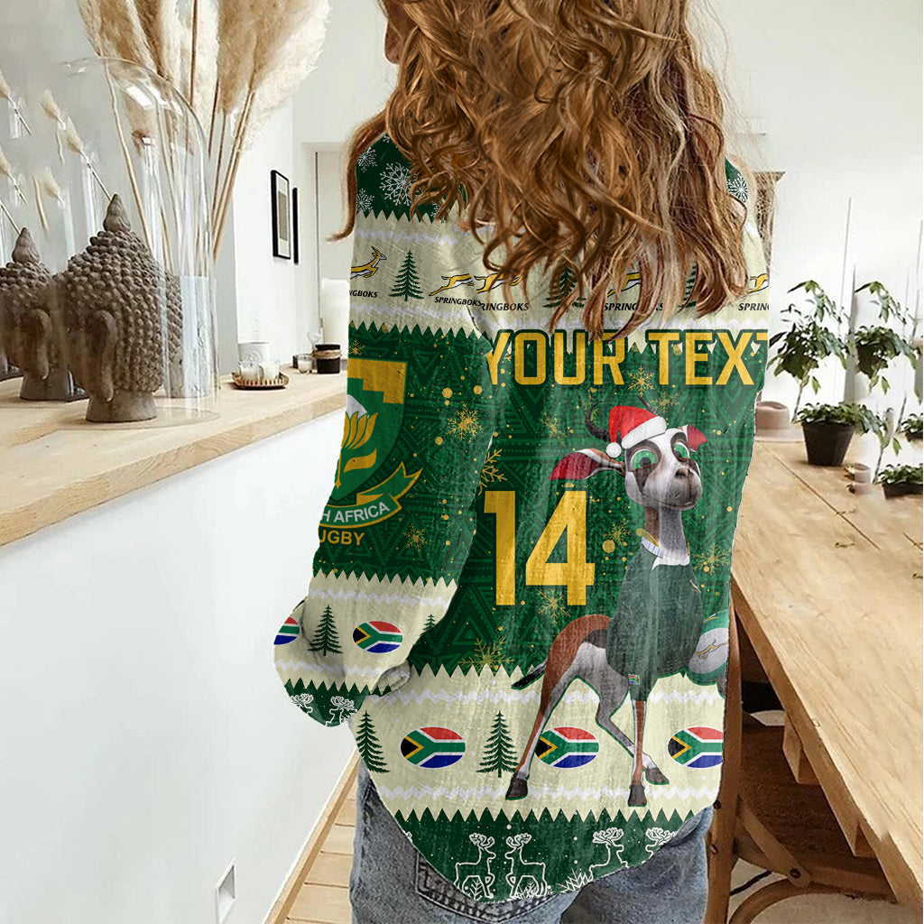 Custom South Africa Rugby Christmas Women Casual Shirt Geseende Kersfees Springboks African Pattern - Wonder Print Shop