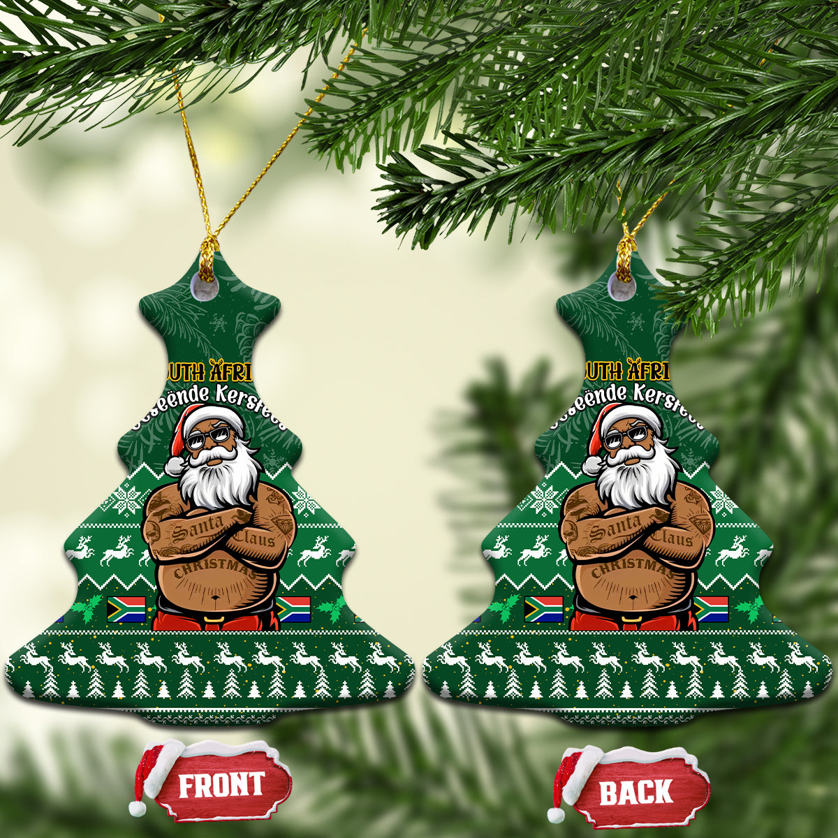 South Africa Christmas Ceramic Ornament Cool Santa Claus With South African Map - Wonder Print Shop