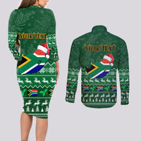 Personalised South Africa Christmas Couples Matching Long Sleeve Bodycon Dress and Long Sleeve Button Shirt Cool Santa Claus With South African Map - Wonder Print Shop