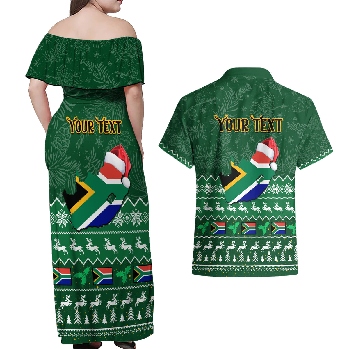 Personalised South Africa Christmas Couples Matching Off Shoulder Maxi Dress and Hawaiian Shirt Cool Santa Claus With South African Map - Wonder Print Shop