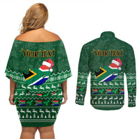 Personalised South Africa Christmas Couples Matching Off Shoulder Short Dress and Long Sleeve Button Shirt Cool Santa Claus With South African Map - Wonder Print Shop