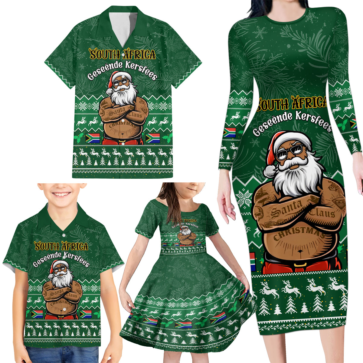 Personalised South Africa Christmas Family Matching Long Sleeve Bodycon Dress and Hawaiian Shirt Cool Santa Claus With South African Map - Wonder Print Shop