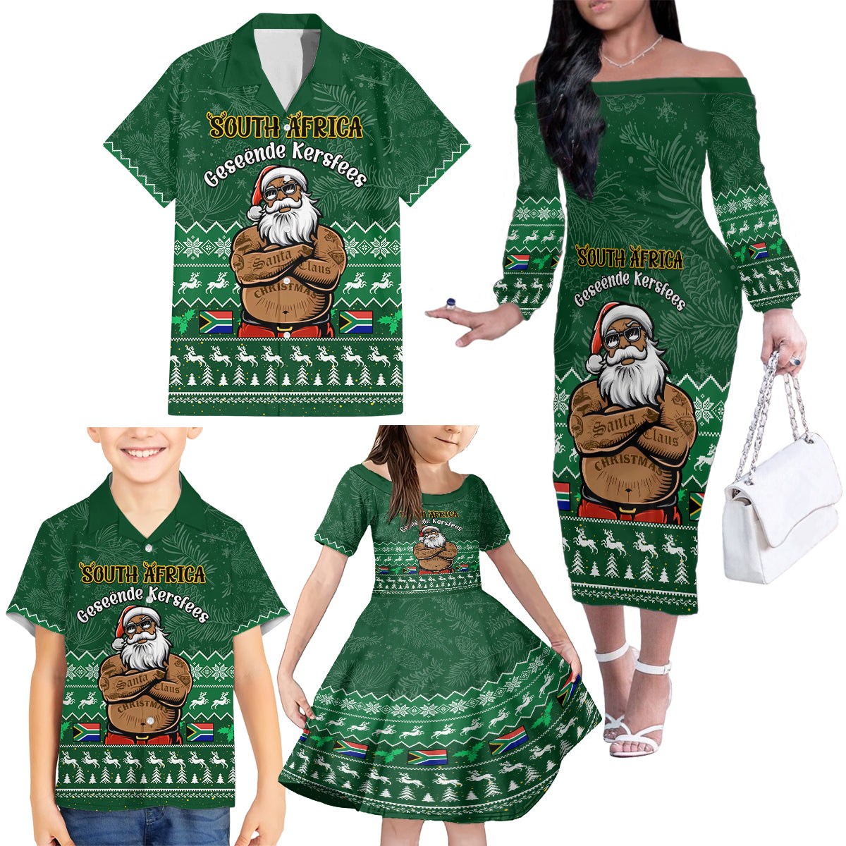 Personalised South Africa Christmas Family Matching Off Shoulder Long Sleeve Dress and Hawaiian Shirt Cool Santa Claus With South African Map - Wonder Print Shop
