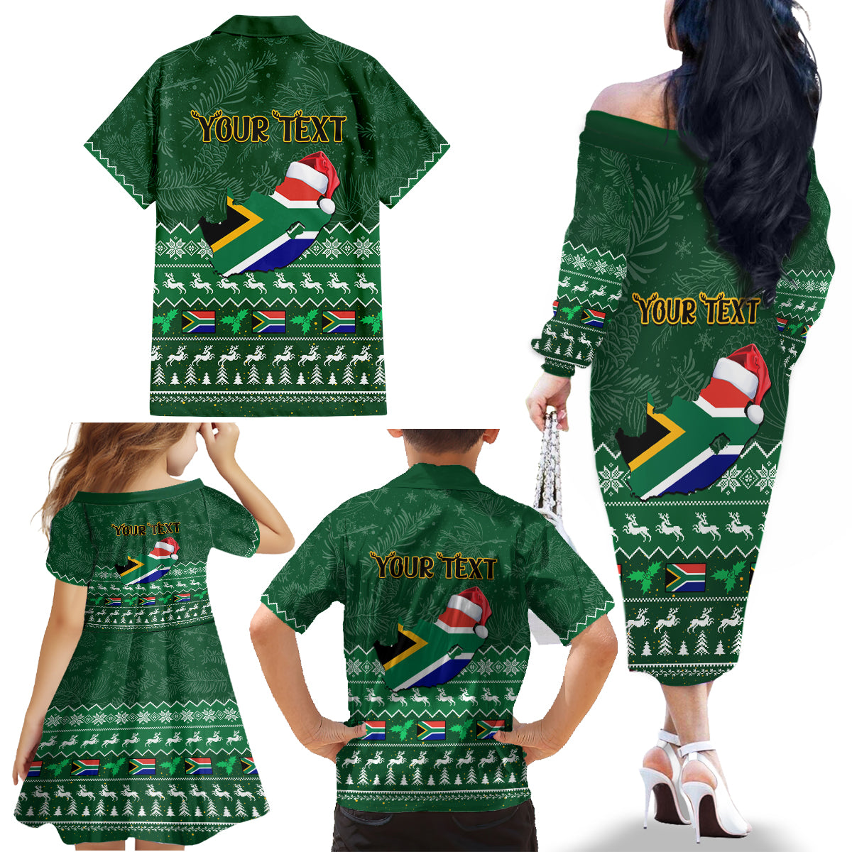 Personalised South Africa Christmas Family Matching Off Shoulder Long Sleeve Dress and Hawaiian Shirt Cool Santa Claus With South African Map - Wonder Print Shop