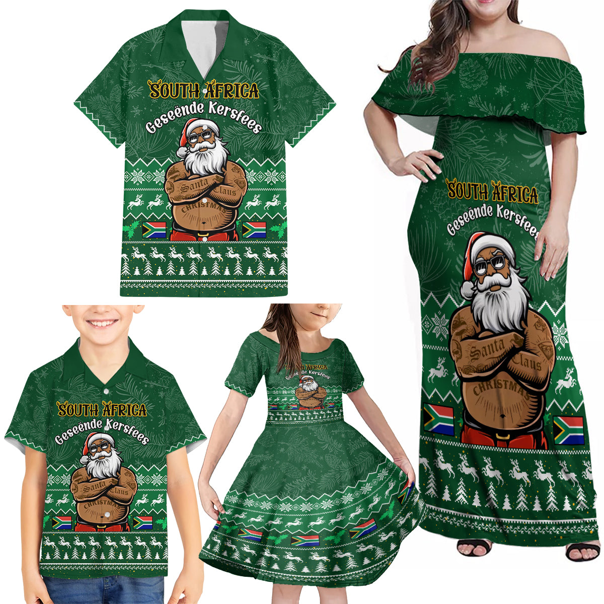 Personalised South Africa Christmas Family Matching Off Shoulder Maxi Dress and Hawaiian Shirt Cool Santa Claus With South African Map - Wonder Print Shop
