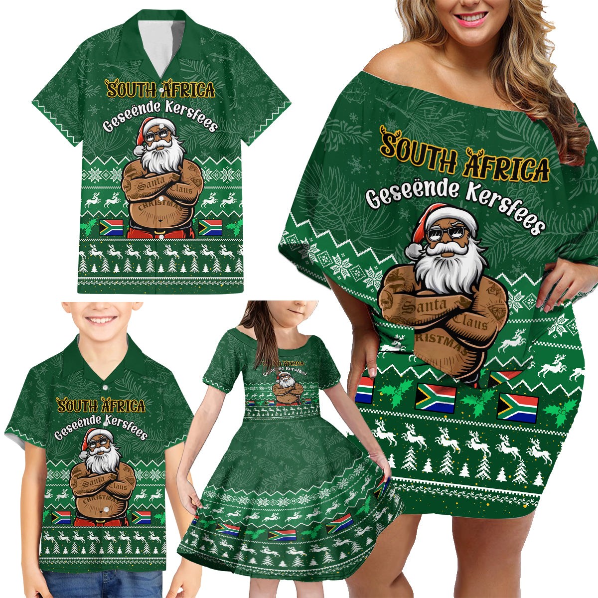 Personalised South Africa Christmas Family Matching Off Shoulder Short Dress and Hawaiian Shirt Cool Santa Claus With South African Map - Wonder Print Shop