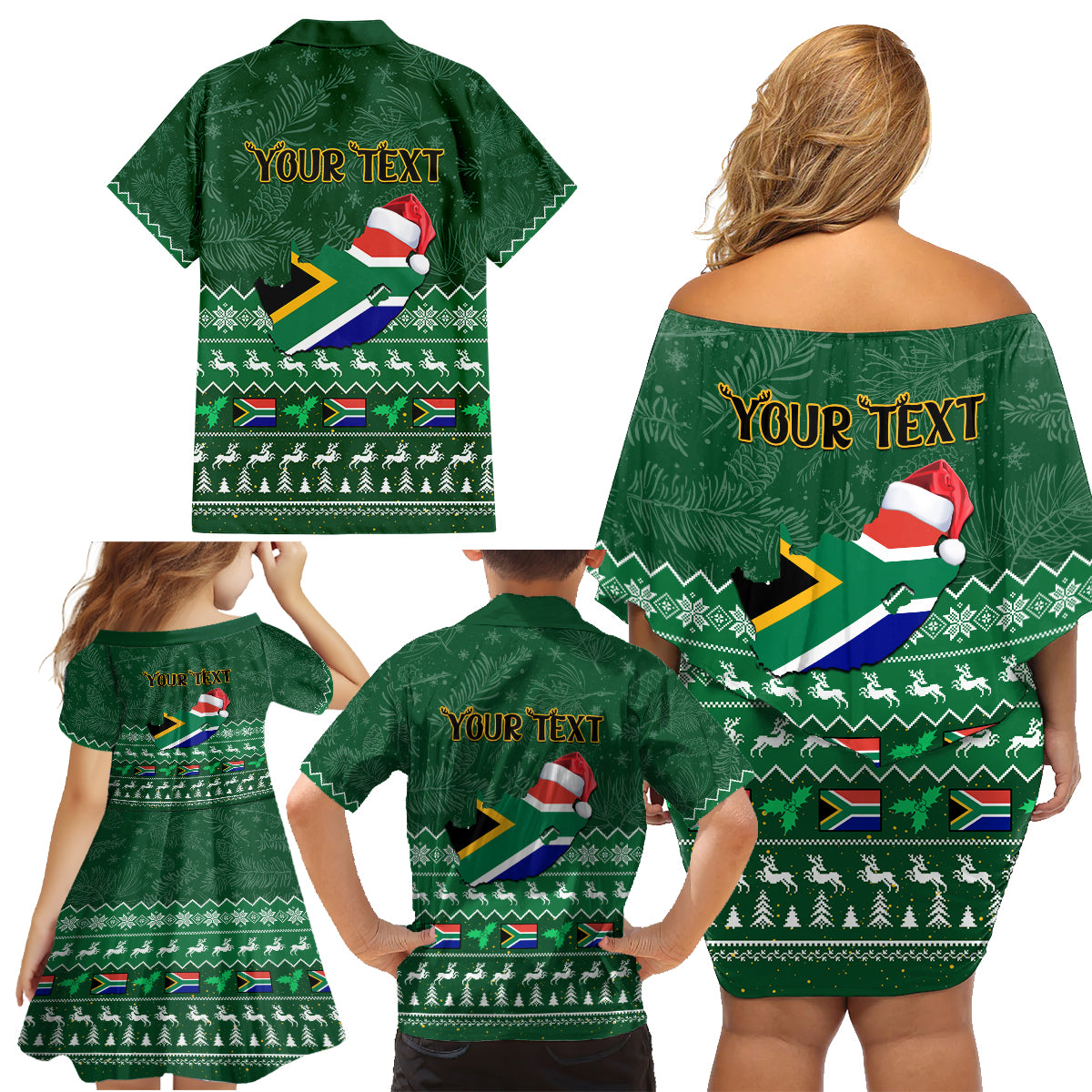 Personalised South Africa Christmas Family Matching Off Shoulder Short Dress and Hawaiian Shirt Cool Santa Claus With South African Map - Wonder Print Shop