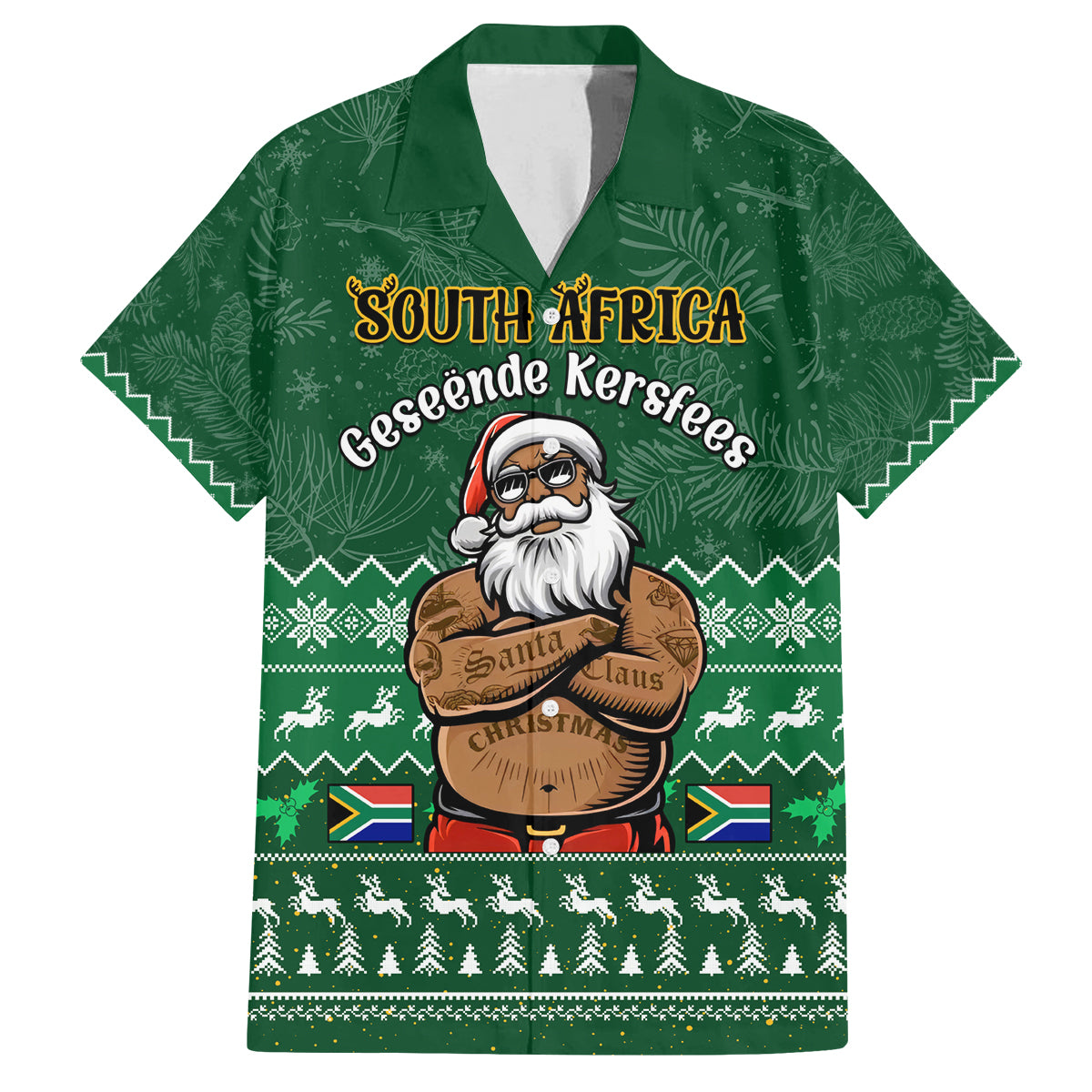 Personalised South Africa Christmas Family Matching Off Shoulder Short Dress and Hawaiian Shirt Cool Santa Claus With South African Map - Wonder Print Shop