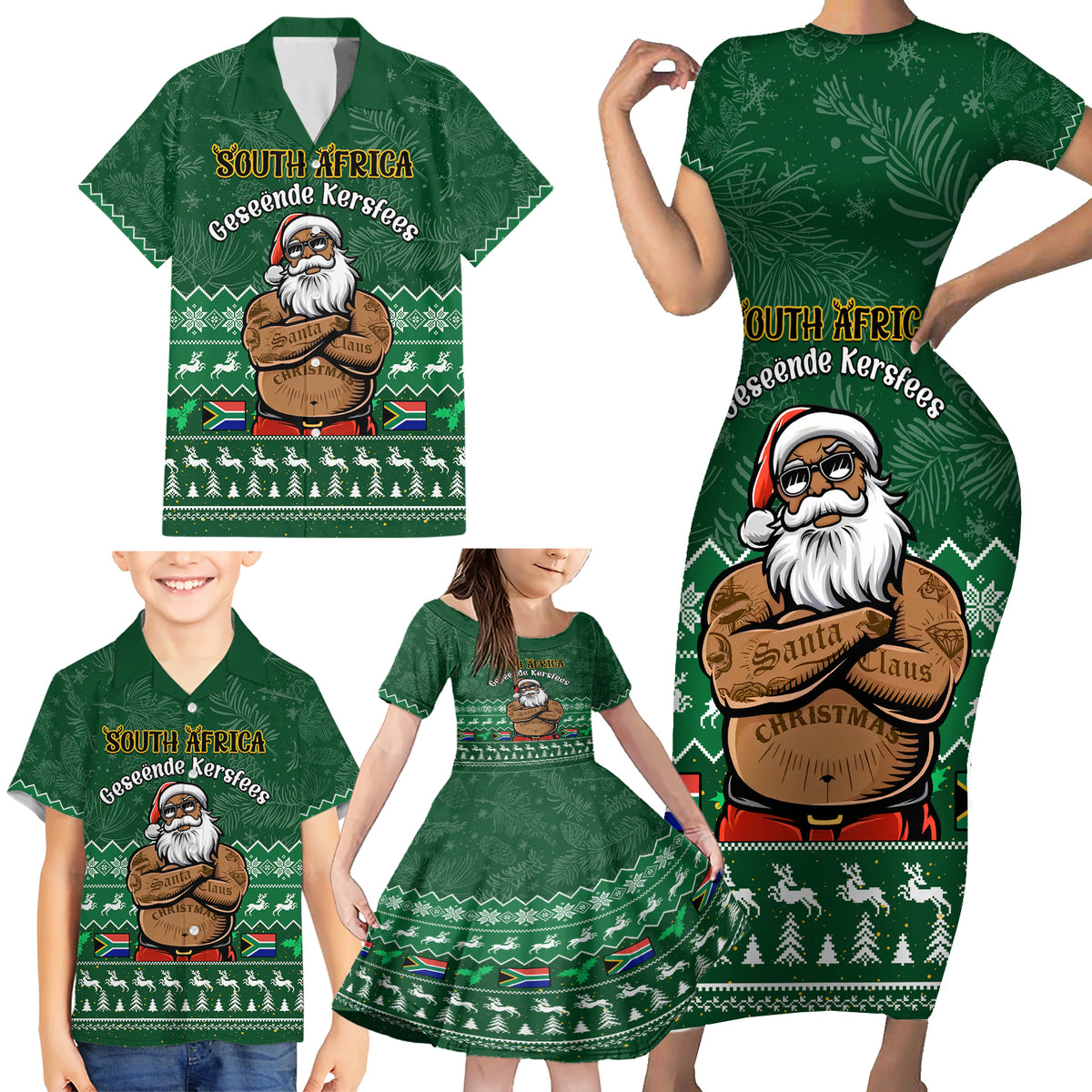Personalised South Africa Christmas Family Matching Short Sleeve Bodycon Dress and Hawaiian Shirt Cool Santa Claus With South African Map - Wonder Print Shop