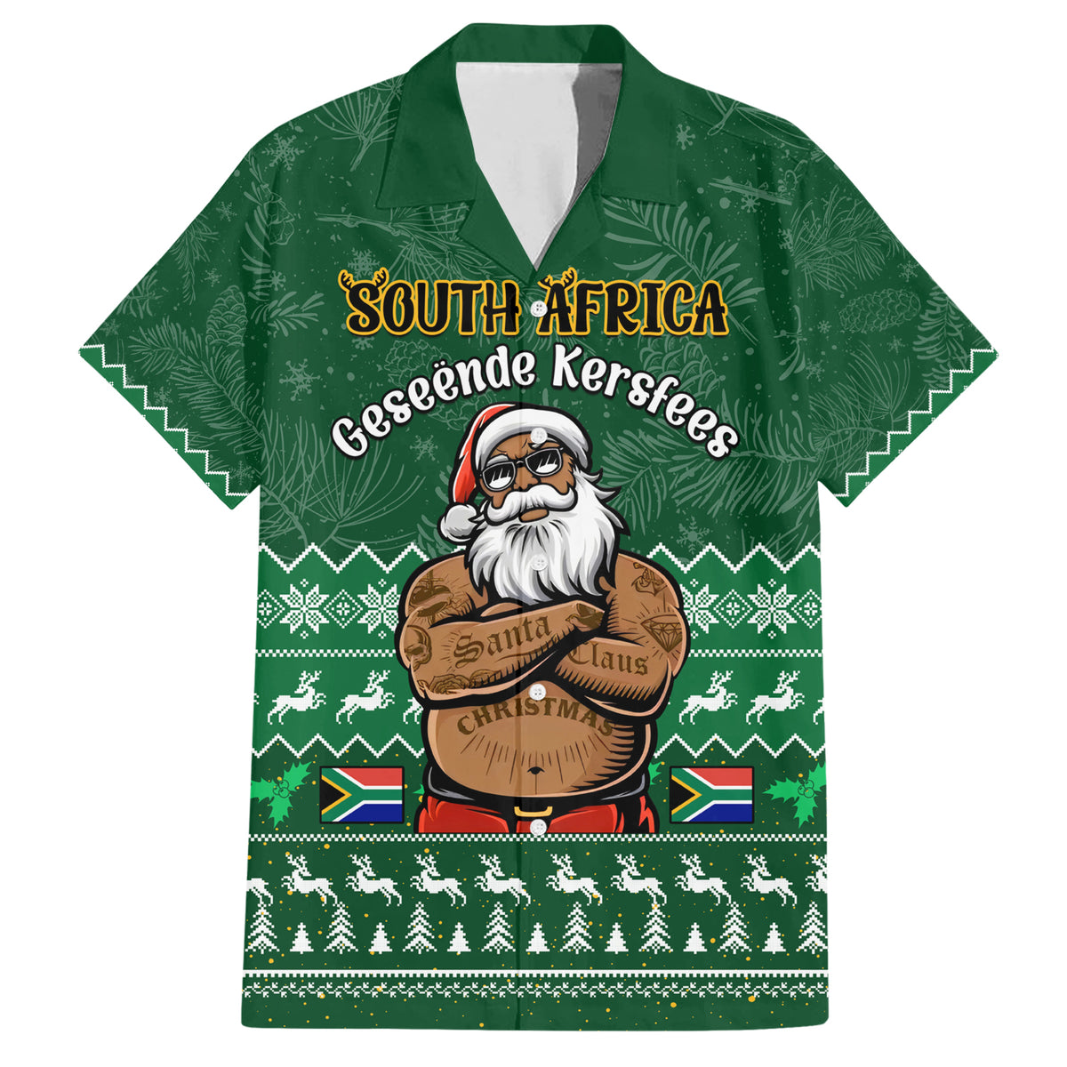 Personalised South Africa Christmas Family Matching Short Sleeve Bodycon Dress and Hawaiian Shirt Cool Santa Claus With South African Map - Wonder Print Shop