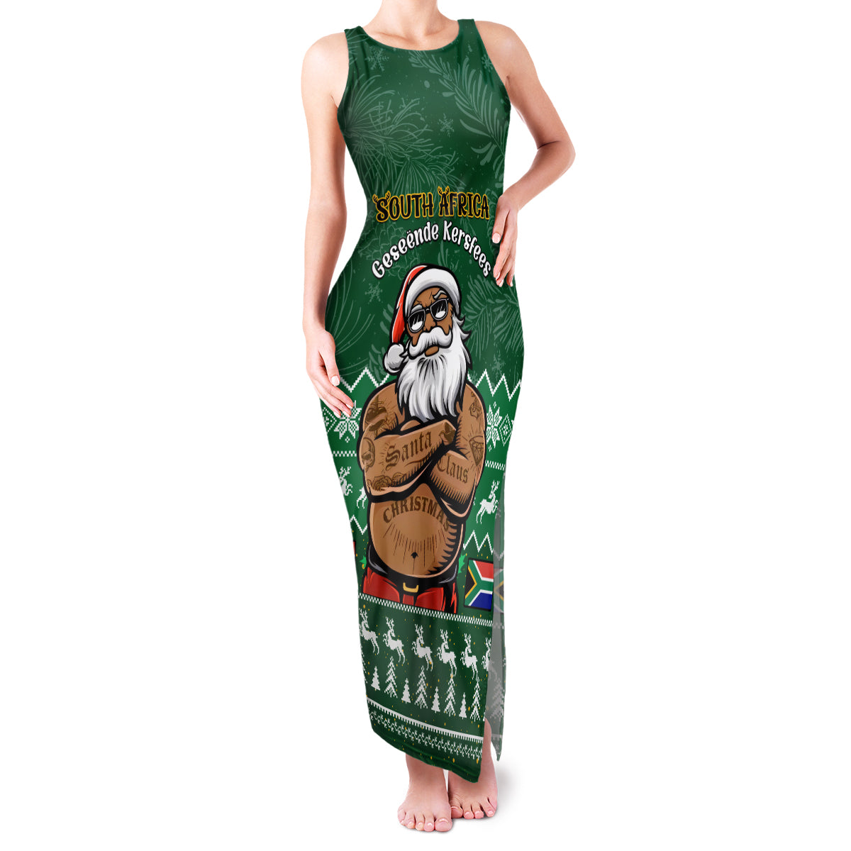 Personalised South Africa Christmas Family Matching Tank Maxi Dress and Hawaiian Shirt Cool Santa Claus With South African Map - Wonder Print Shop