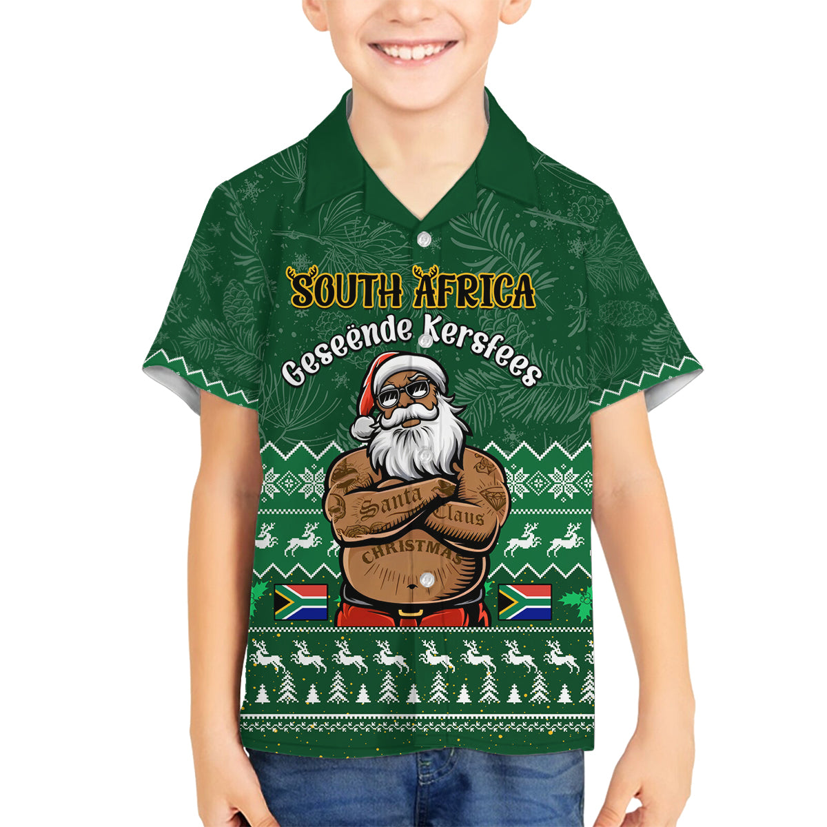 Personalised South Africa Christmas Family Matching Tank Maxi Dress and Hawaiian Shirt Cool Santa Claus With South African Map - Wonder Print Shop