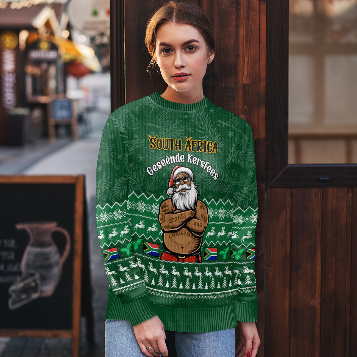 Personalised South Africa Christmas Ugly Christmas Sweater Cool Santa Claus With South African Map - Wonder Print Shop