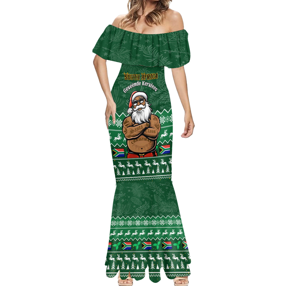 Personalised South Africa Christmas Mermaid Dress Cool Santa Claus With South African Map - Wonder Print Shop