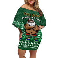 Personalised South Africa Christmas Off Shoulder Short Dress Cool Santa Claus With South African Map - Wonder Print Shop