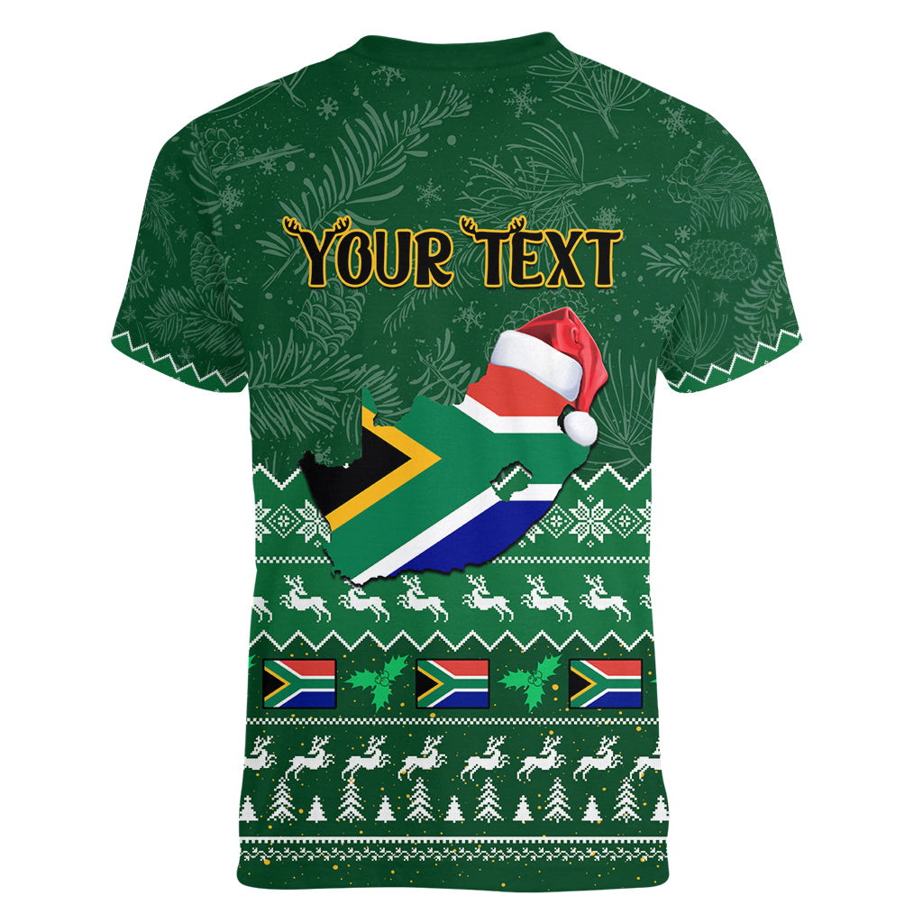 Personalised South Africa Christmas Women V Neck T Shirt Cool Santa Claus With South African Map - Wonder Print Shop