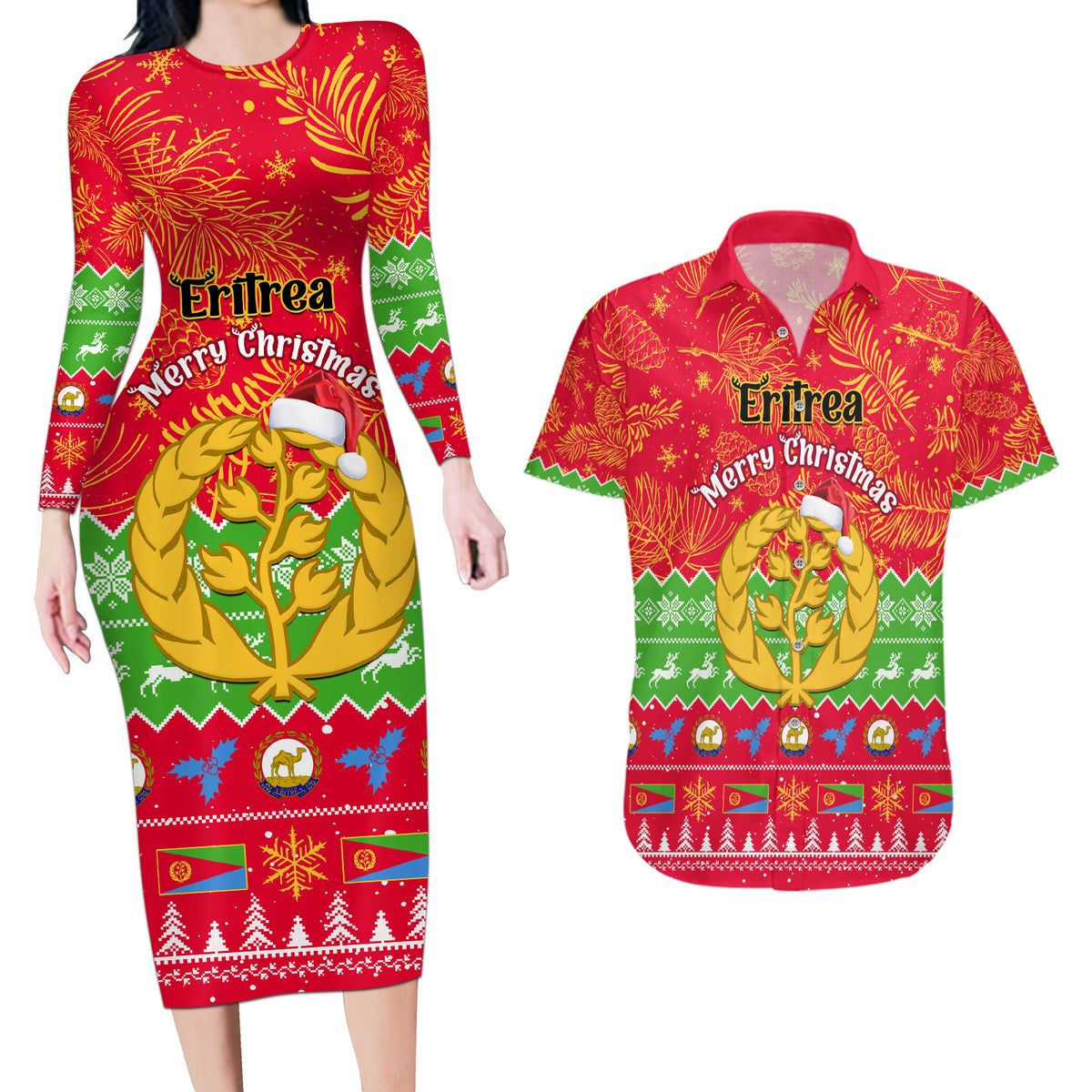 Personalised Eritrea Christmas Couples Matching Long Sleeve Bodycon Dress and Hawaiian Shirt Eritrean Olive Santa Claus Merry Xmas - Wonder Print Shop