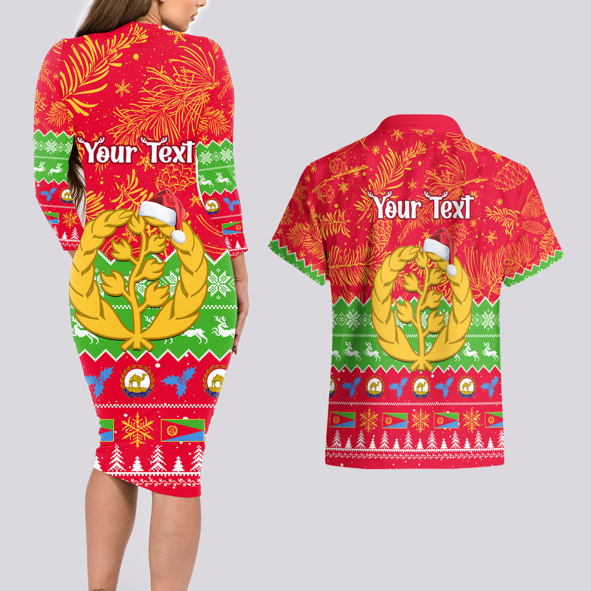 Personalised Eritrea Christmas Couples Matching Long Sleeve Bodycon Dress and Hawaiian Shirt Eritrean Olive Santa Claus Merry Xmas - Wonder Print Shop