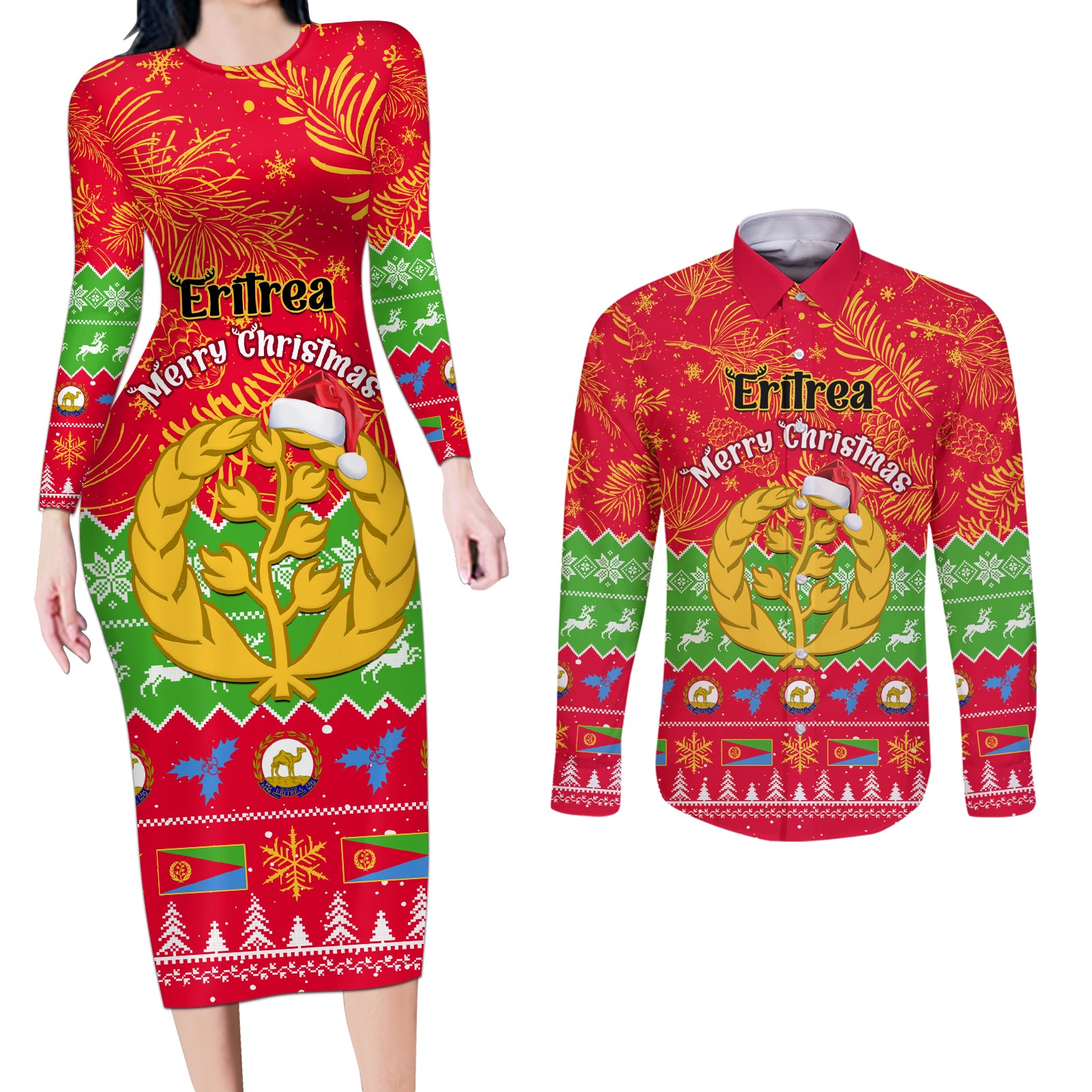 Personalised Eritrea Christmas Couples Matching Long Sleeve Bodycon Dress and Long Sleeve Button Shirt Eritrean Olive Santa Claus Merry Xmas - Wonder Print Shop